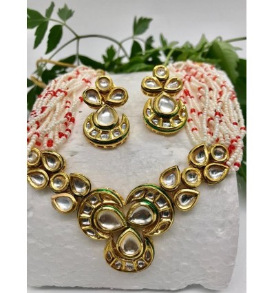 Kundan neck line in red and white 