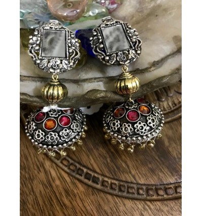 Oxidised dual tone mirror jhumki Party/Function for Women and Girls