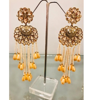 Gold Kundan Polki Earrings With Pearl Drops Party/Function for Women and Girls